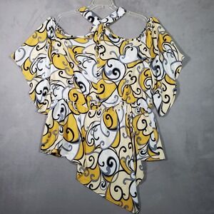 Ashley Stewart Top Women 22/24 Yellow Abstract Halter Asymmetrical Hem Artsy NEW
